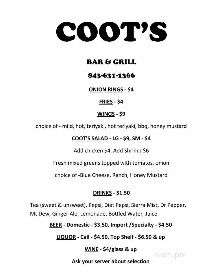 Coot's Bar & Grill - Edisto Island, SC menu_pic