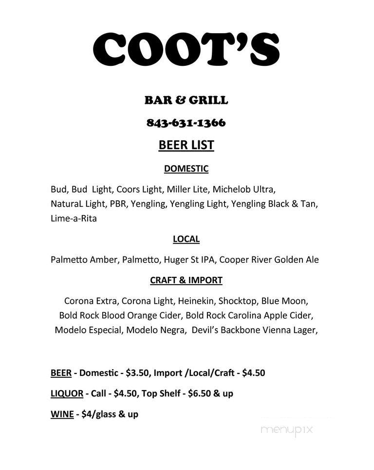 Coot's Bar & Grill - Edisto Island, SC menu_pic