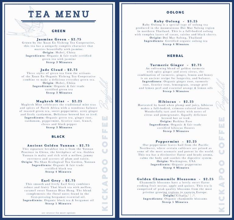 Kickapoo Coffee - Bayfield, WI menu_pic