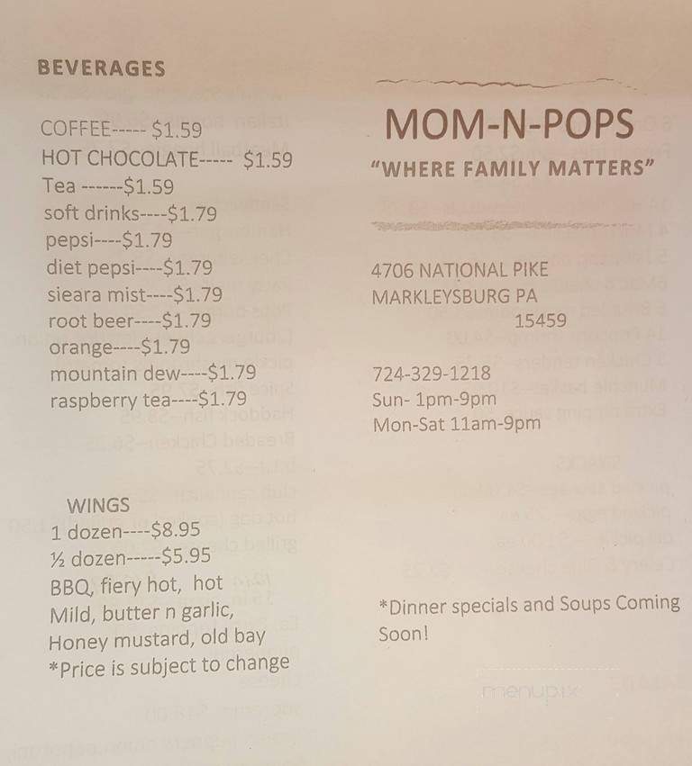 Mom N Pop's Cafe - Markleysburg, PA menu_pic