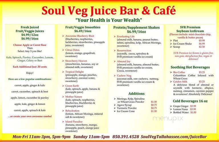 Soul Veg Juice Bar & Cafe - Tallahassee, FL menu_pic