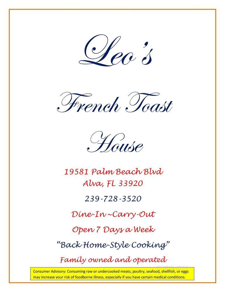 Leo's French Toast House - Alva, FL menu_pic