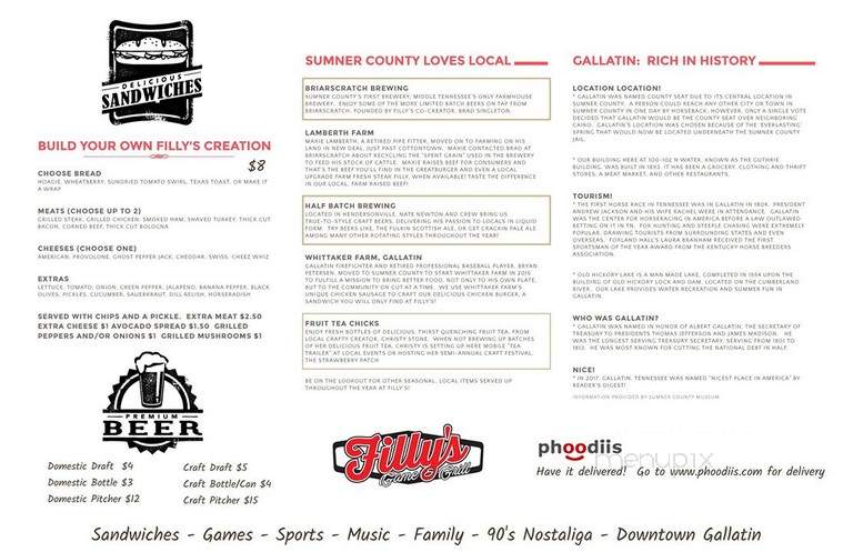 Filly's Game & Grill - Gallatin, TN menu_pic