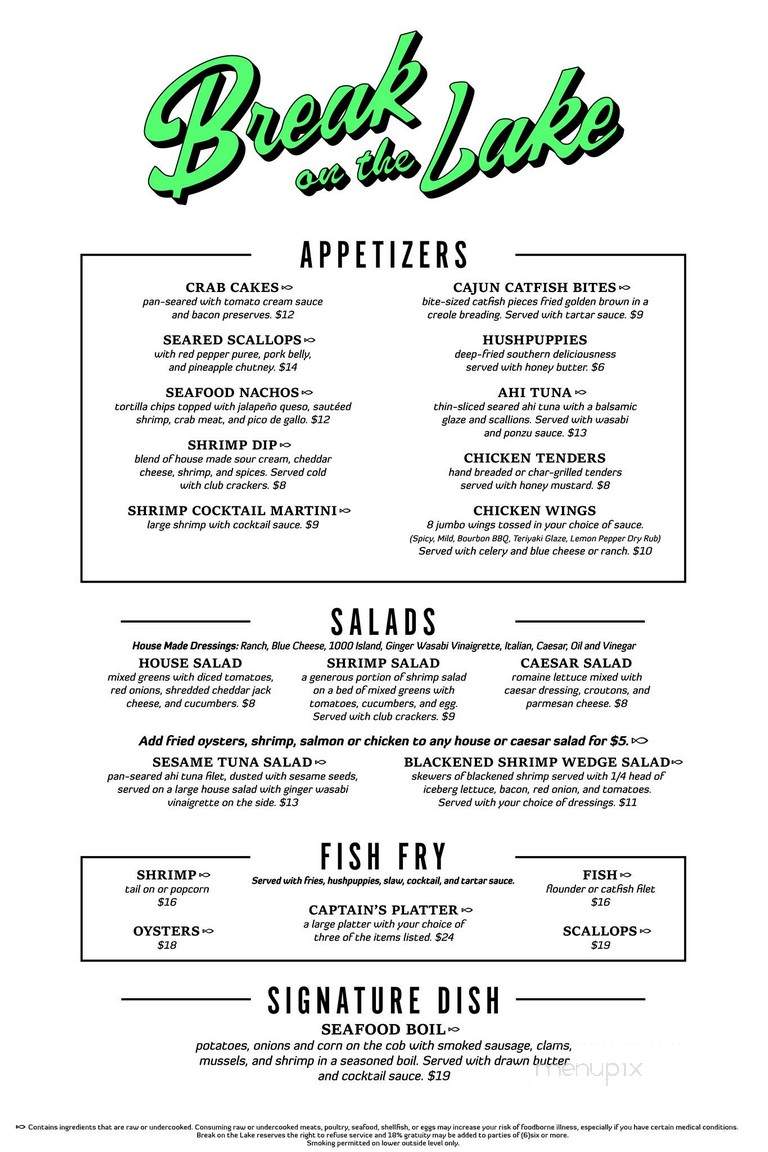 Break on the Lake - Lake Greenwood, SC menu_pic