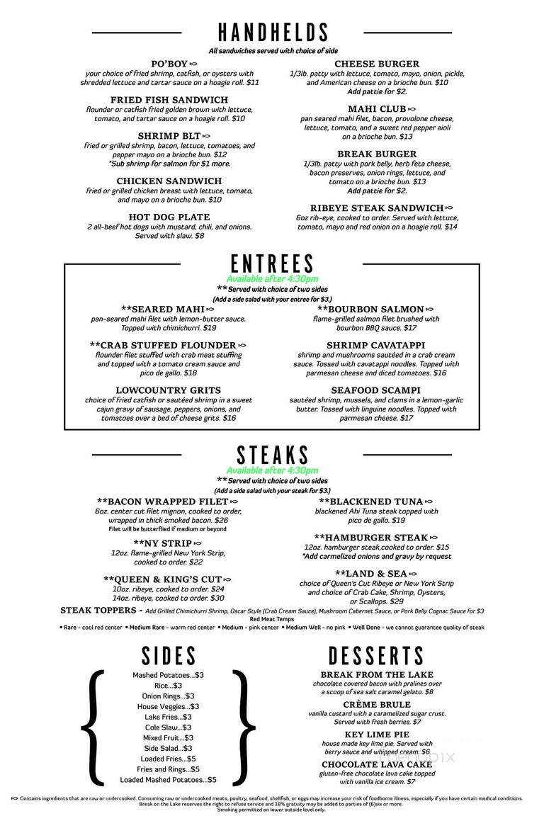 Break on the Lake - Lake Greenwood, SC menu_pic