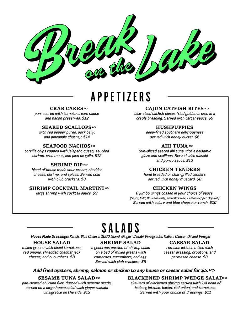 Break on the Lake - Lake Greenwood, SC menu_pic