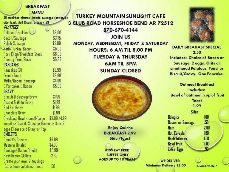 Sunlight Cafe - Horseshoe Bend, AR menu_pic
