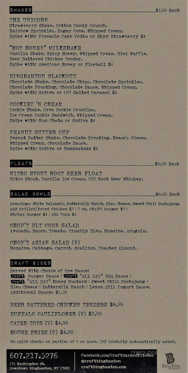 Craft Bar + Kitchen - Binghamton, NY menu_pic