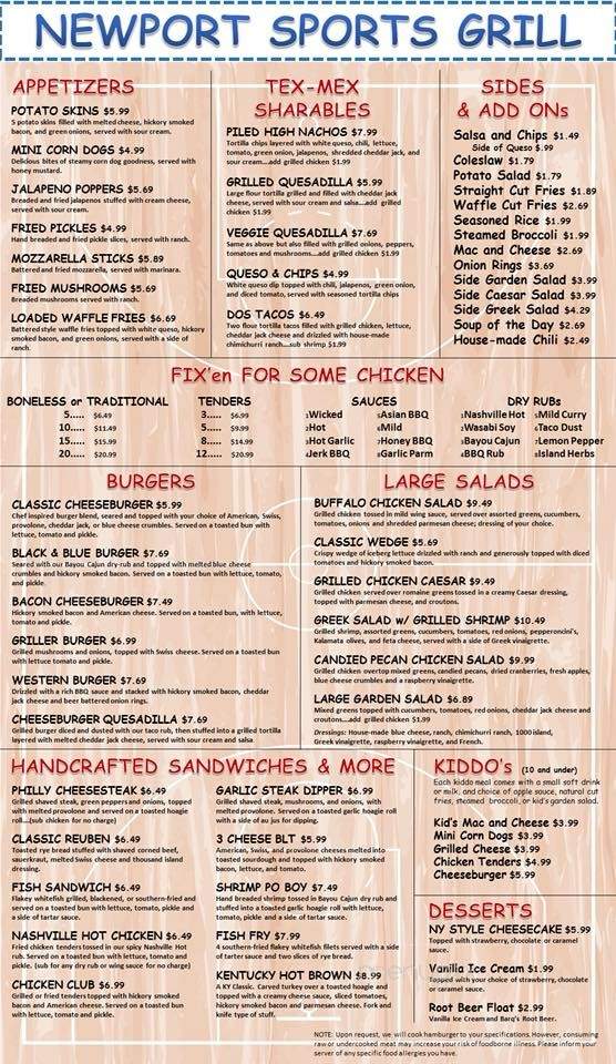 Newport Sports Grill - Newport, KY menu_pic