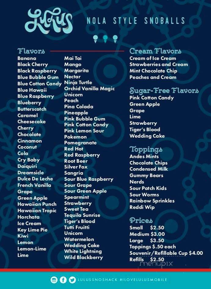 LuLu's Sno Shack - Mobile, AL menu_pic