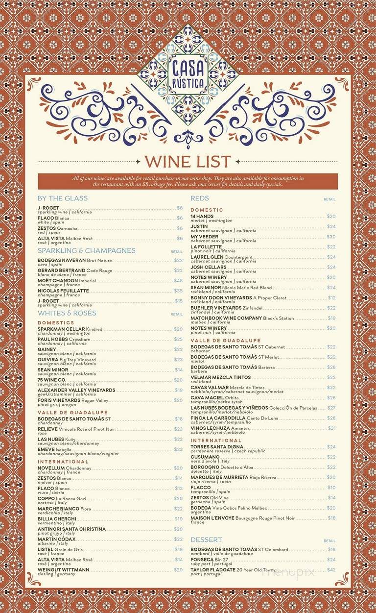 Casa Rustica - San Diego, CA menu_pic