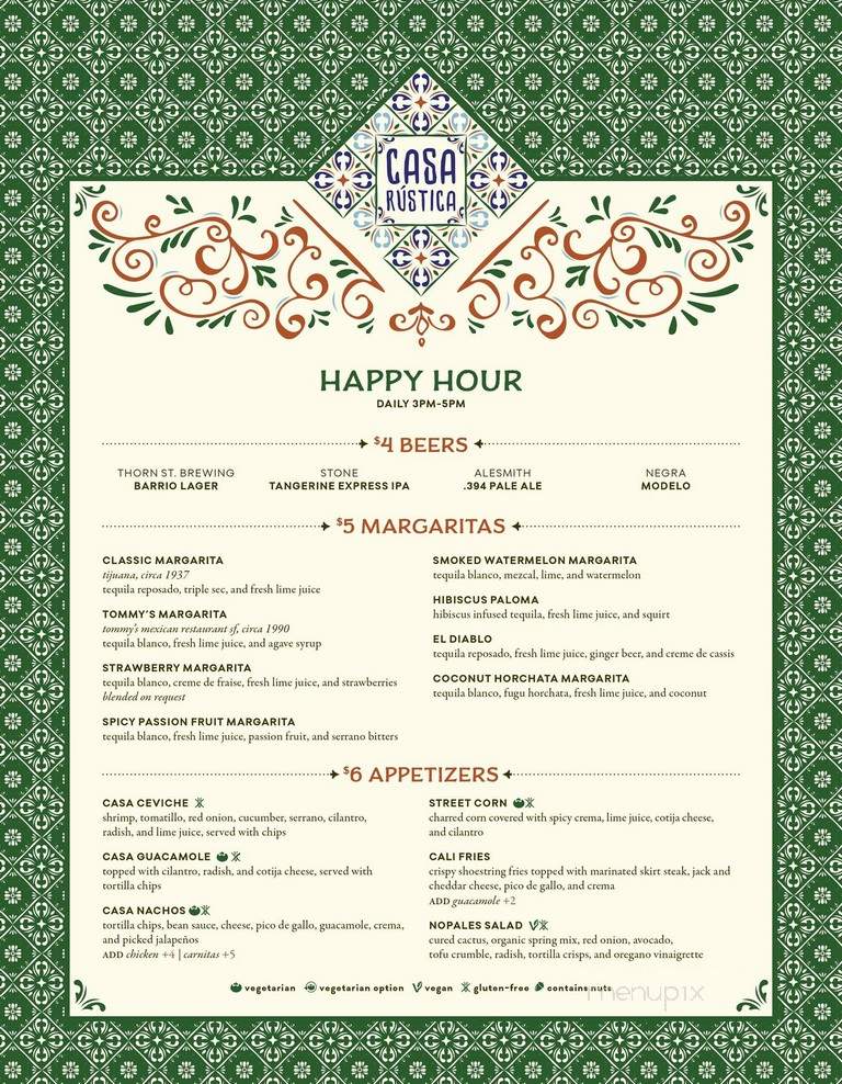 Casa Rustica - San Diego, CA menu_pic