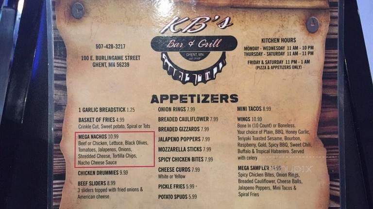 KB's Bar & Grill - Ghent, MN menu_pic