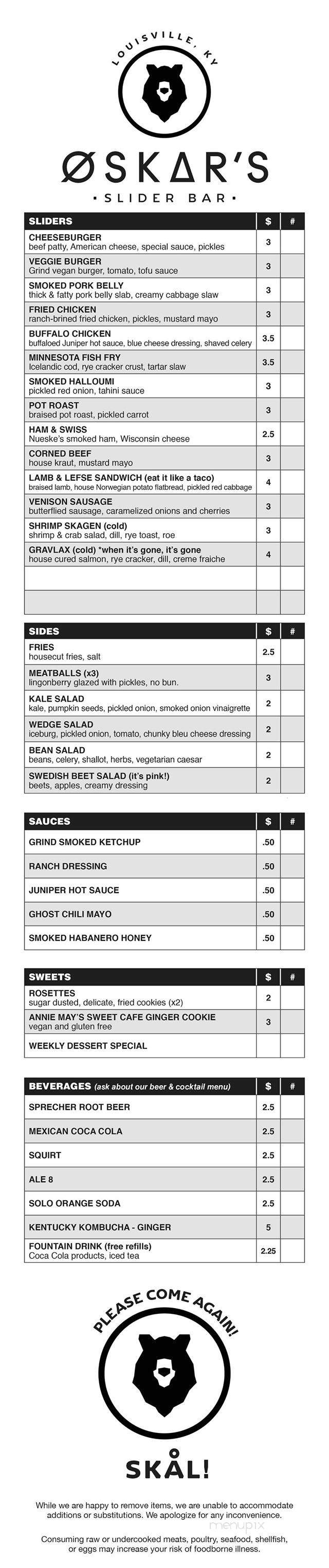 Oskar's Slider Bar - Louisville, KY menu_pic
