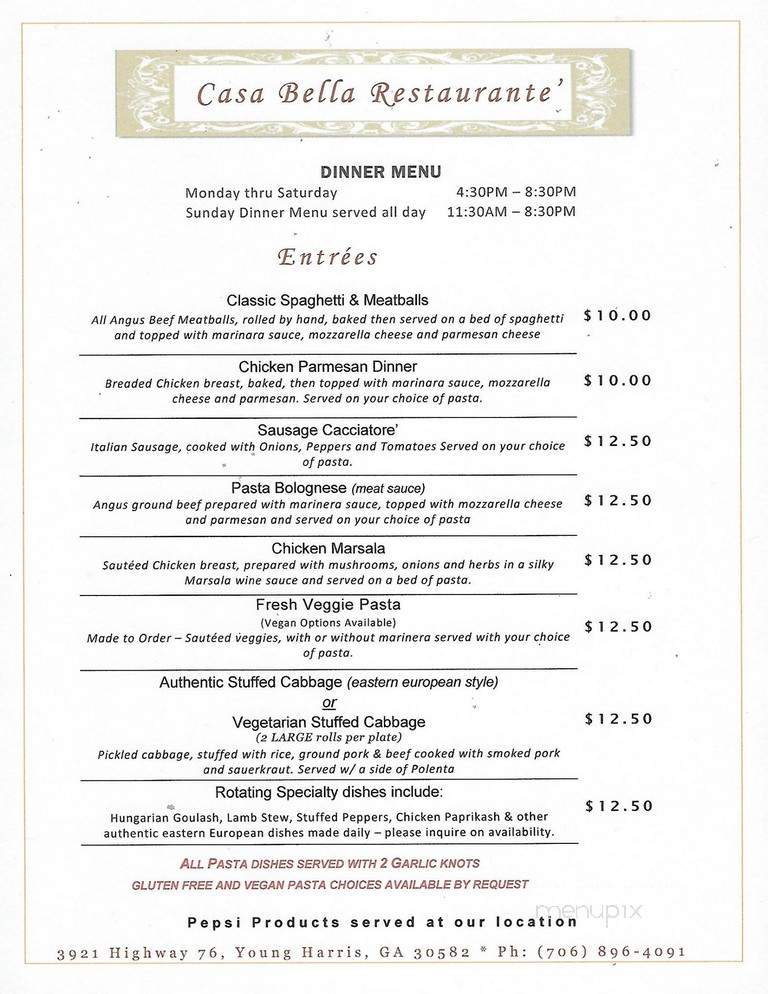 Casa Bella Restaurante - Young Harris, GA menu_pic