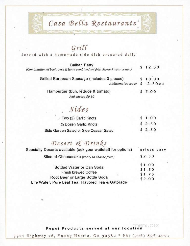 Casa Bella Restaurante - Young Harris, GA menu_pic