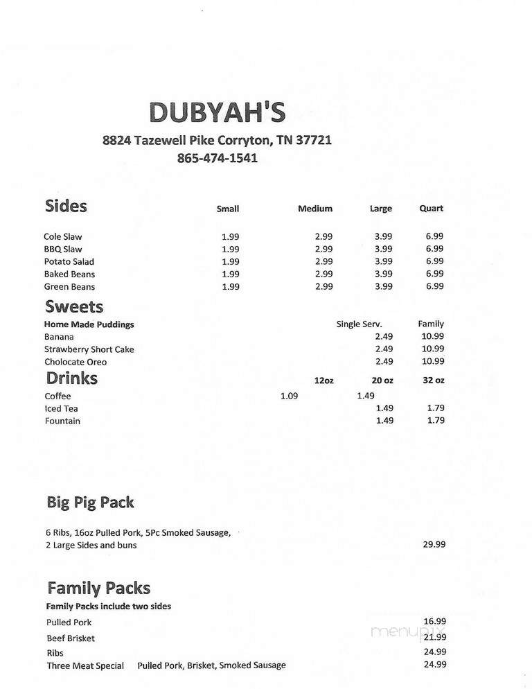 Dubyah's Family Smokehouse and Grill - Corryton, TN