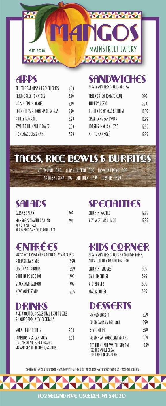 Mangos Mainstreet Eatery - Osceola, WI menu_pic