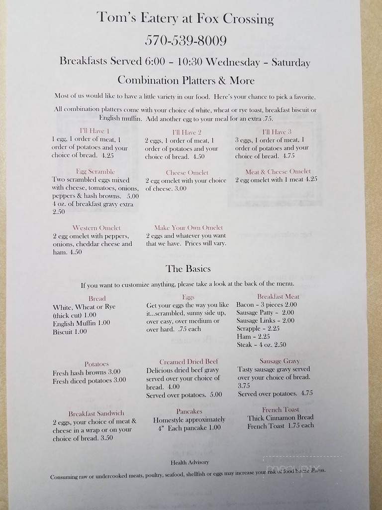 Tom's Eatery at Fox Crossing - Mount Pleasant Mills, PA menu_pic