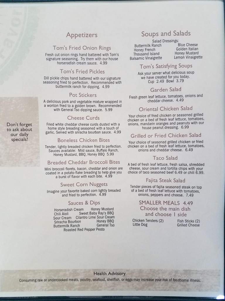 Tom's Eatery at Fox Crossing - Mount Pleasant Mills, PA menu_pic