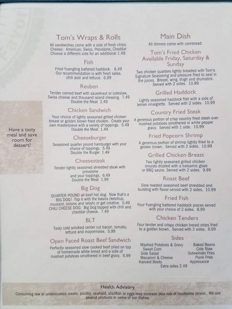 Tom's Eatery at Fox Crossing - Mount Pleasant Mills, PA menu_pic