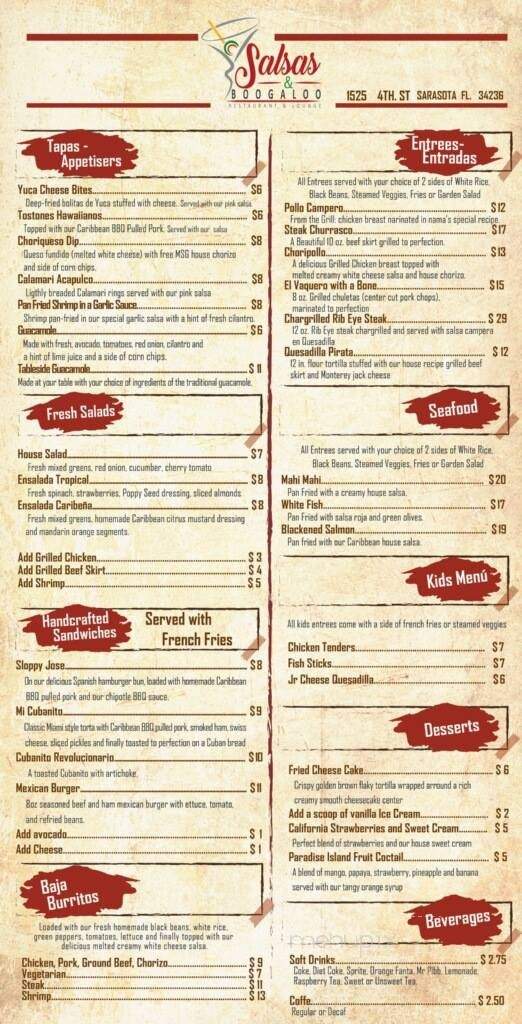 Salsas & Boogaloo - Sarasota, FL menu_pic