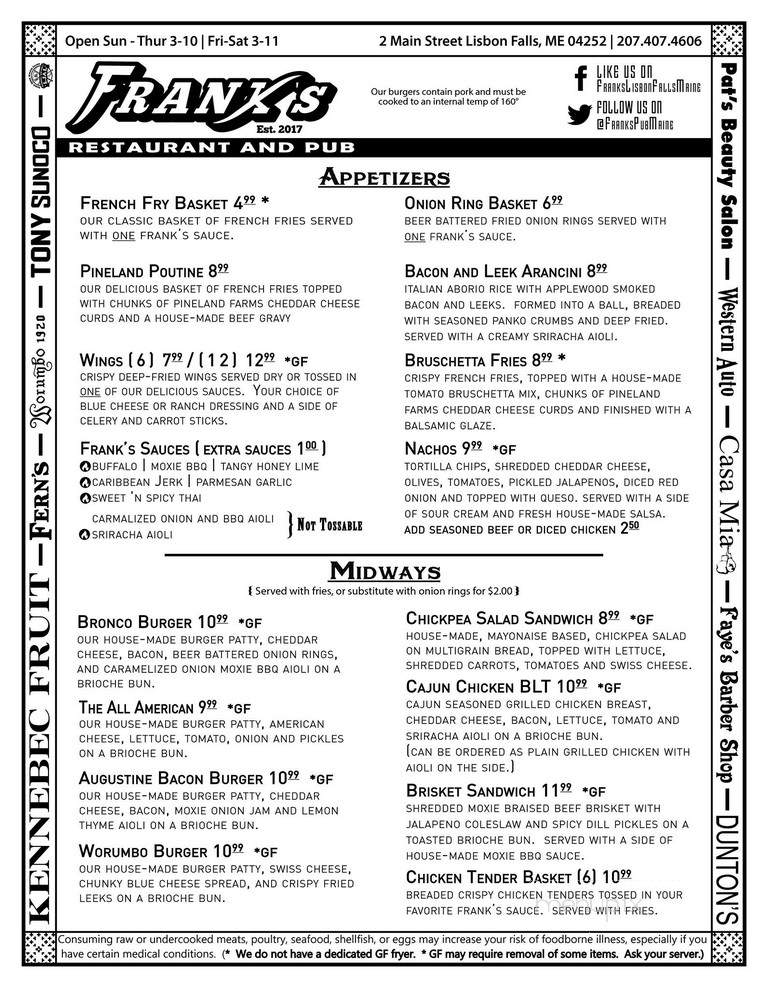 Frank's Restaurant & Pub - Lisbon Falls, ME menu_pic