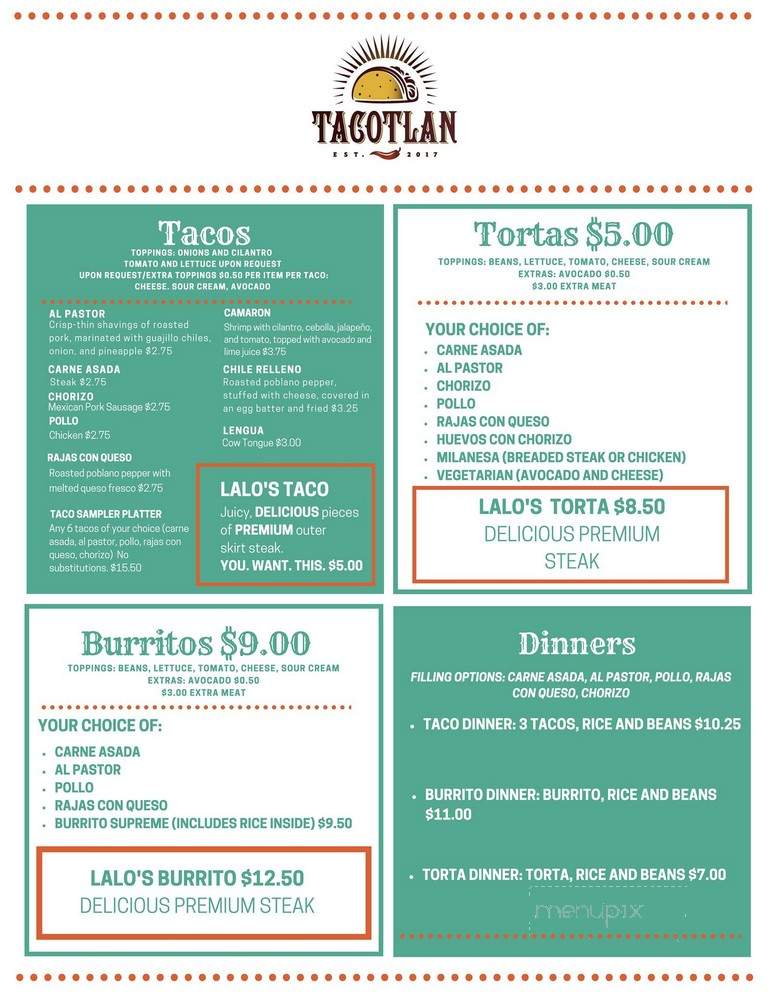 Tacotlan - Chicago, IL menu_pic