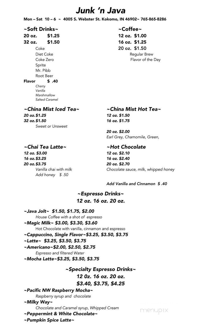 Junk N Java - Kokomo, IN menu_pic