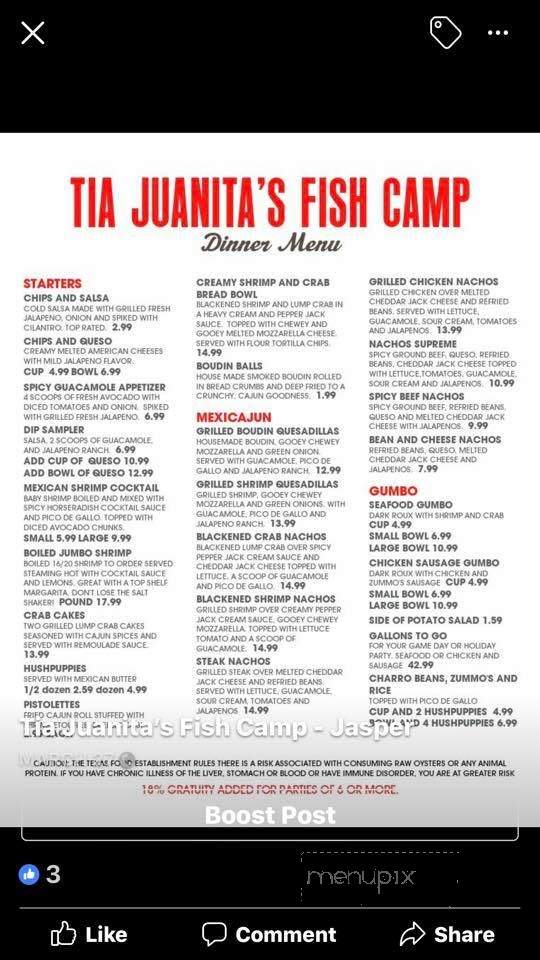 Online Menu of Tia Juanita's Fish Camp, Jasper, TX