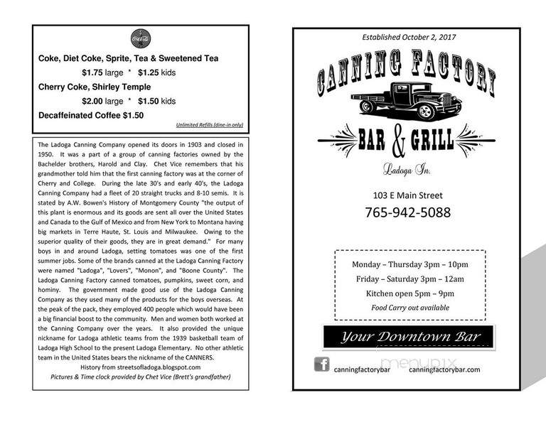 Canning Factory Bar & Grill - Ladoga, IN menu_pic