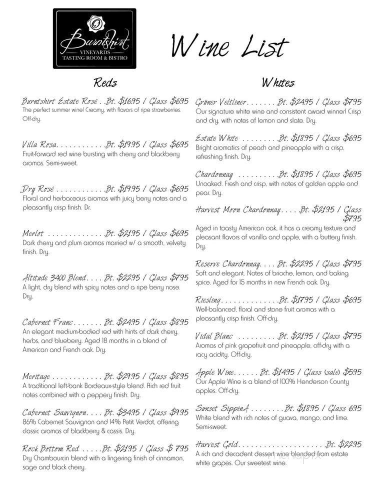 Burntshirt Bistro And Tasting Room - Chimney Rock, NC menu_pic