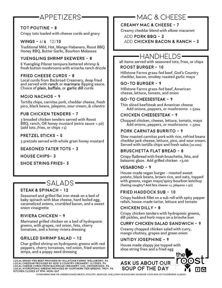 The Roost - Wellsboro, PA menu_pic