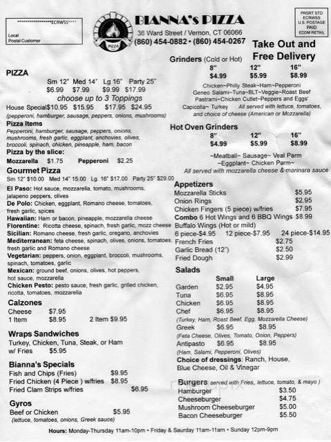 Bianna's Pizza - Vernon, CT menu_pic