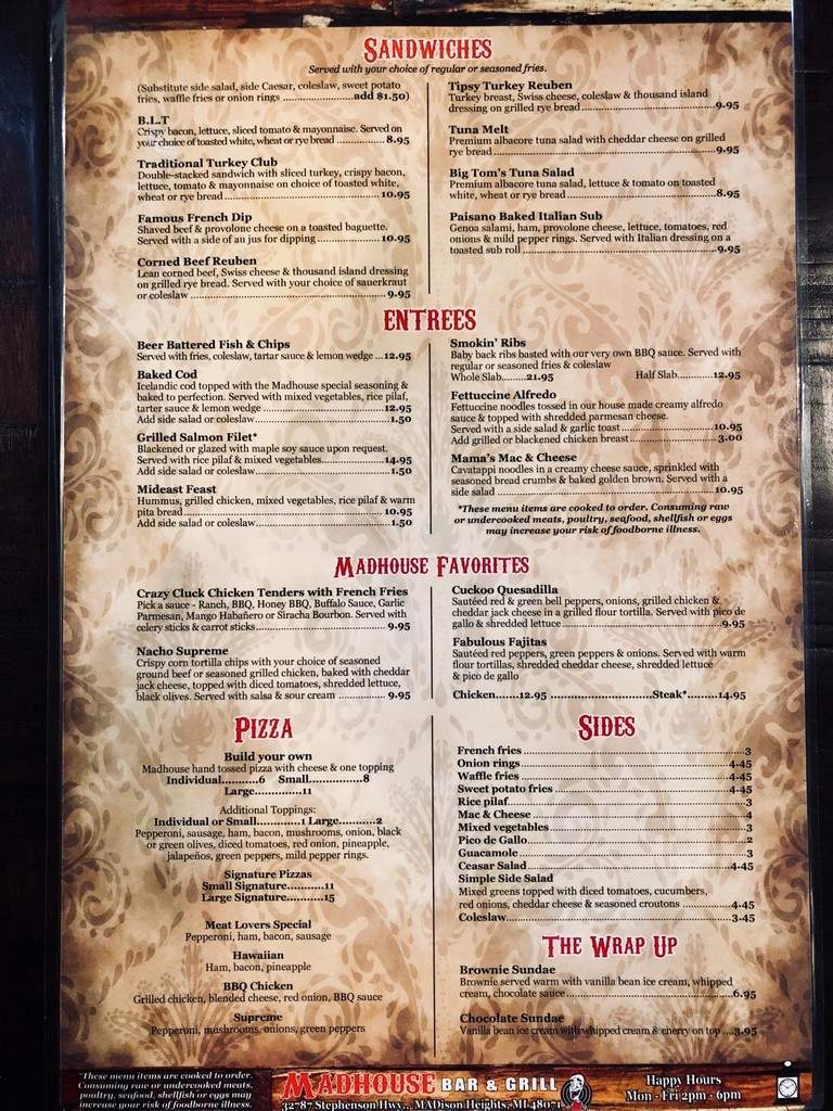 Madhouse Bar & Grill - Madison Heights, MI menu_pic