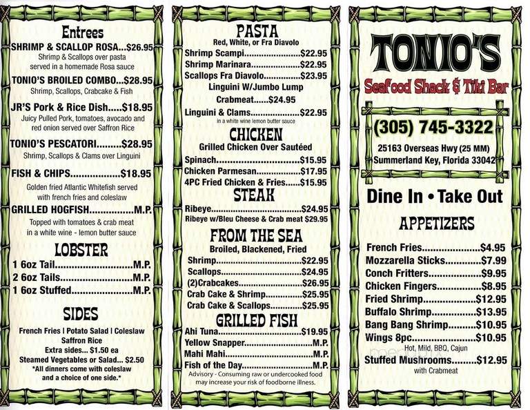 Tonio's Seafood Shack And Tiki Bar - Summerland Key, FL menu_pic