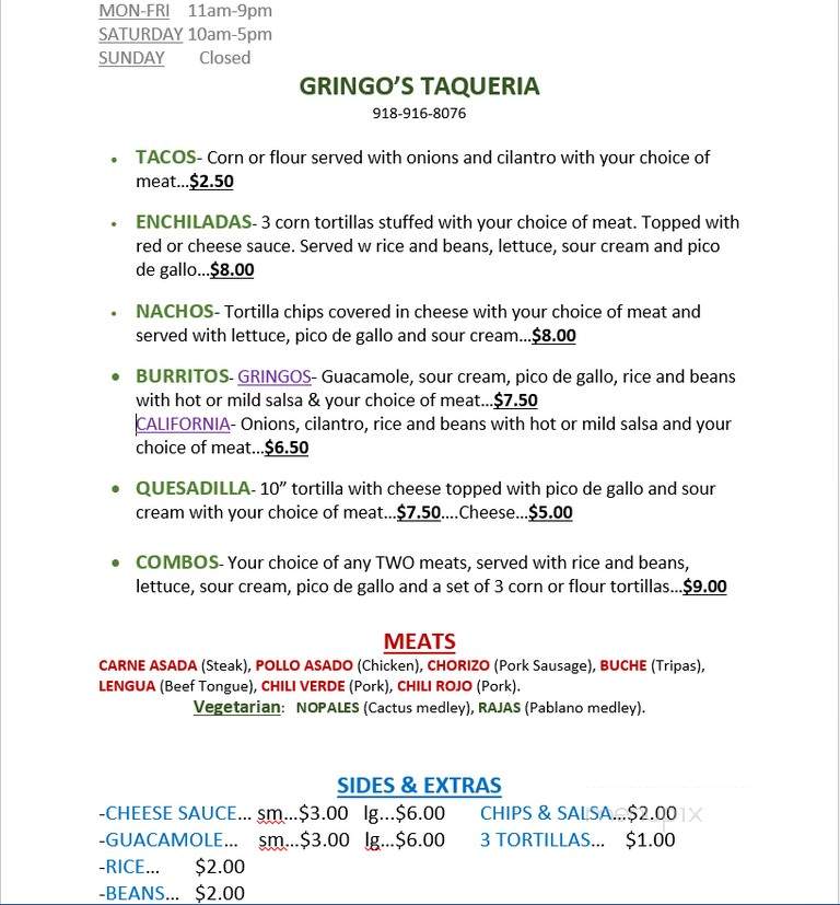 Gringo's Taqueria - McAlester, OK menu_pic