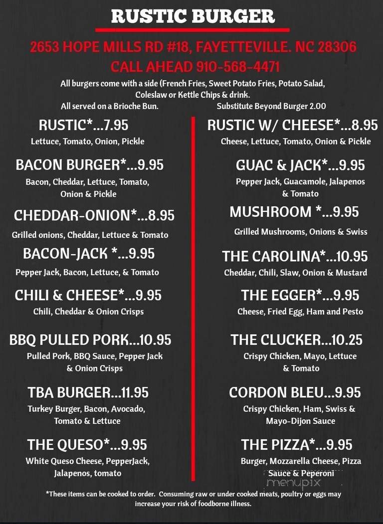 Rustic Burger - Fayetteville, NC menu_pic