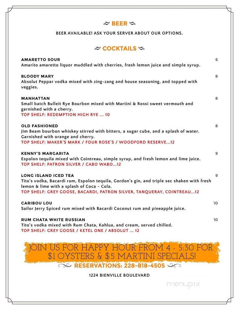 Kenny Ward's - Ocean Springs, MS menu_pic