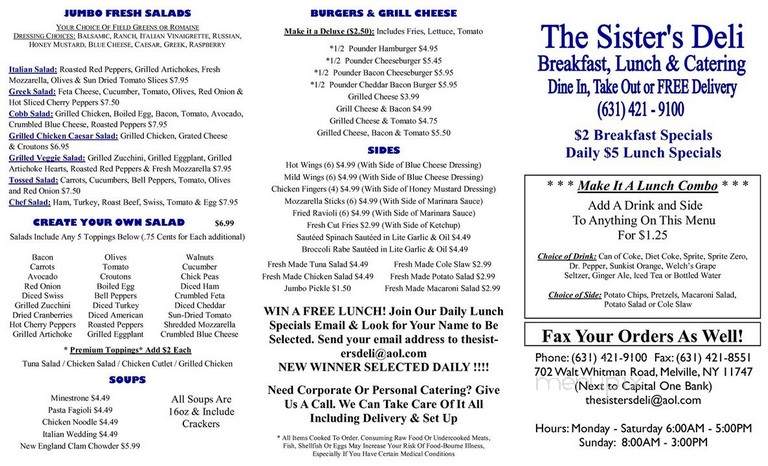 The Sisters Deli - Melville, NY menu_pic