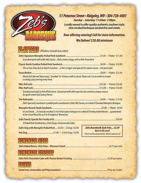 Zeb's BBQ - Ridgeley, WV menu_pic