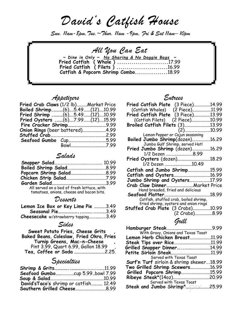 Menu of David's Catfish House Pensacola in Pensacola, FL 32506