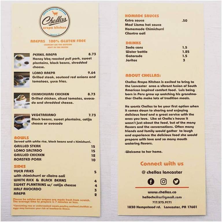 Chellas Arepa Kitchen - Lancaster, PA menu_pic