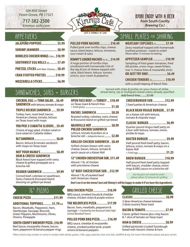Kimmy's Cafe - Fawn Grove, PA menu_pic