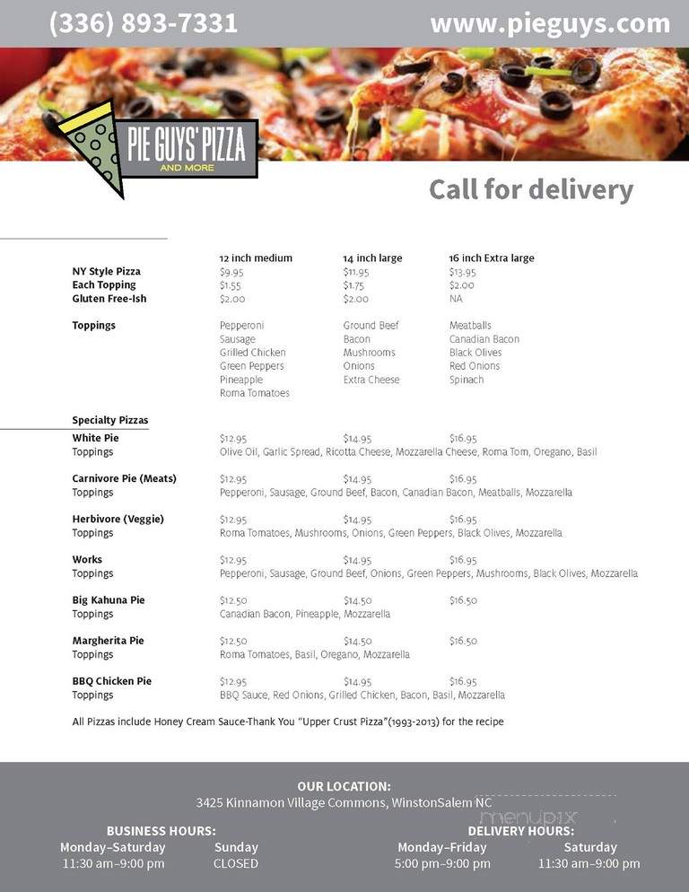 Pie Guys' Pizza and More - Clemmons, NC menu_pic