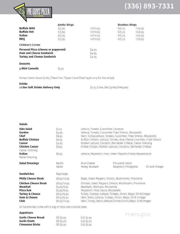 Pie Guys' Pizza and More - Clemmons, NC menu_pic
