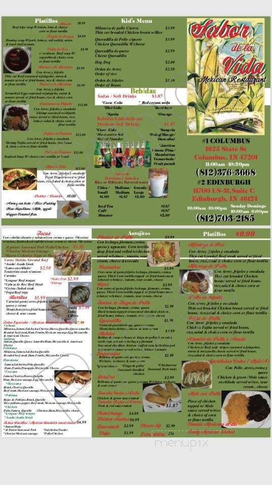 Sabor De La Vida - Columbus, IN menu_pic
