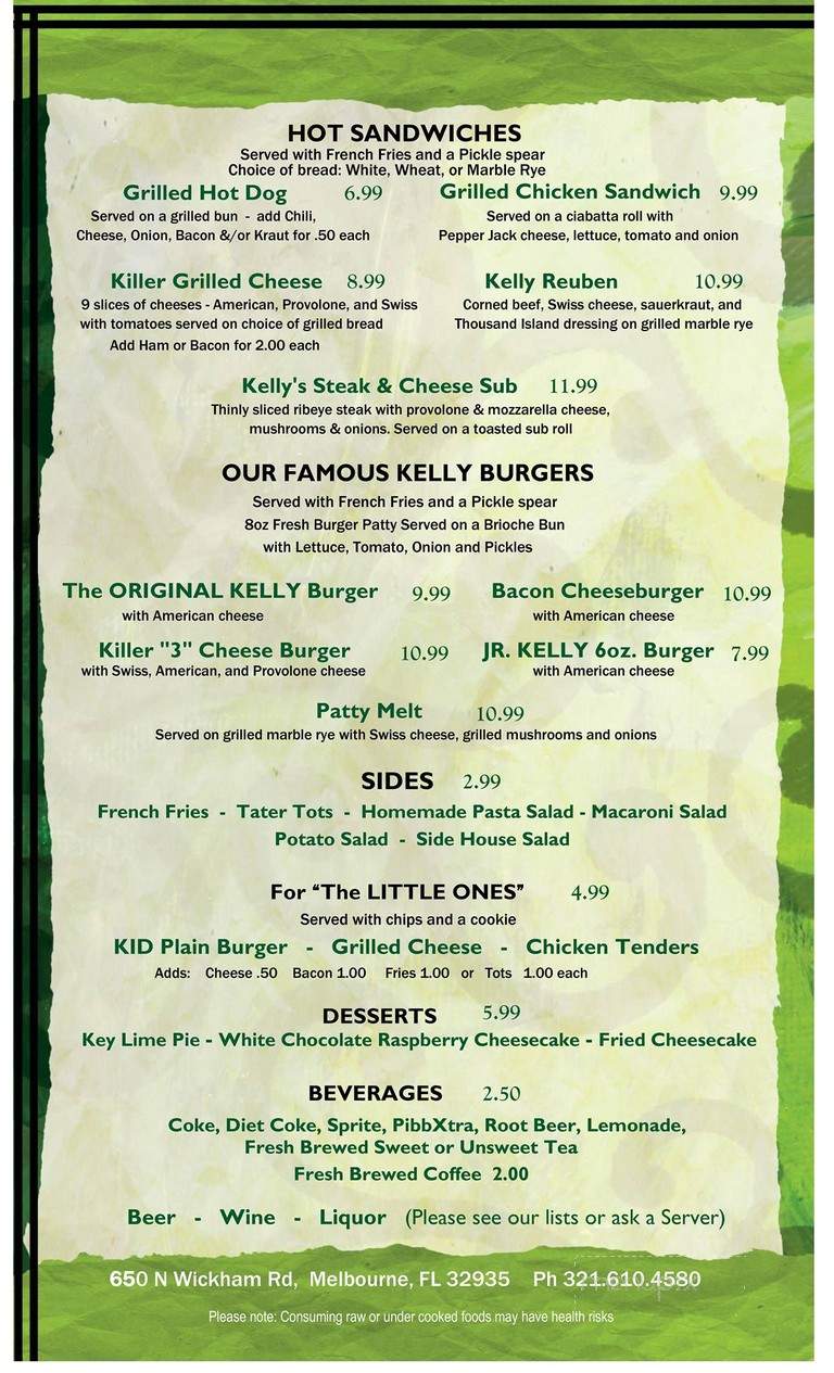 Kelly's Burgers and Beer - Melbourne, FL menu_pic