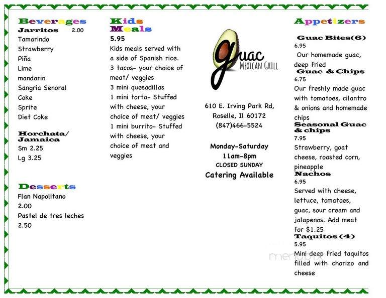 Guac Mexican Grill - Roselle, IL menu_pic