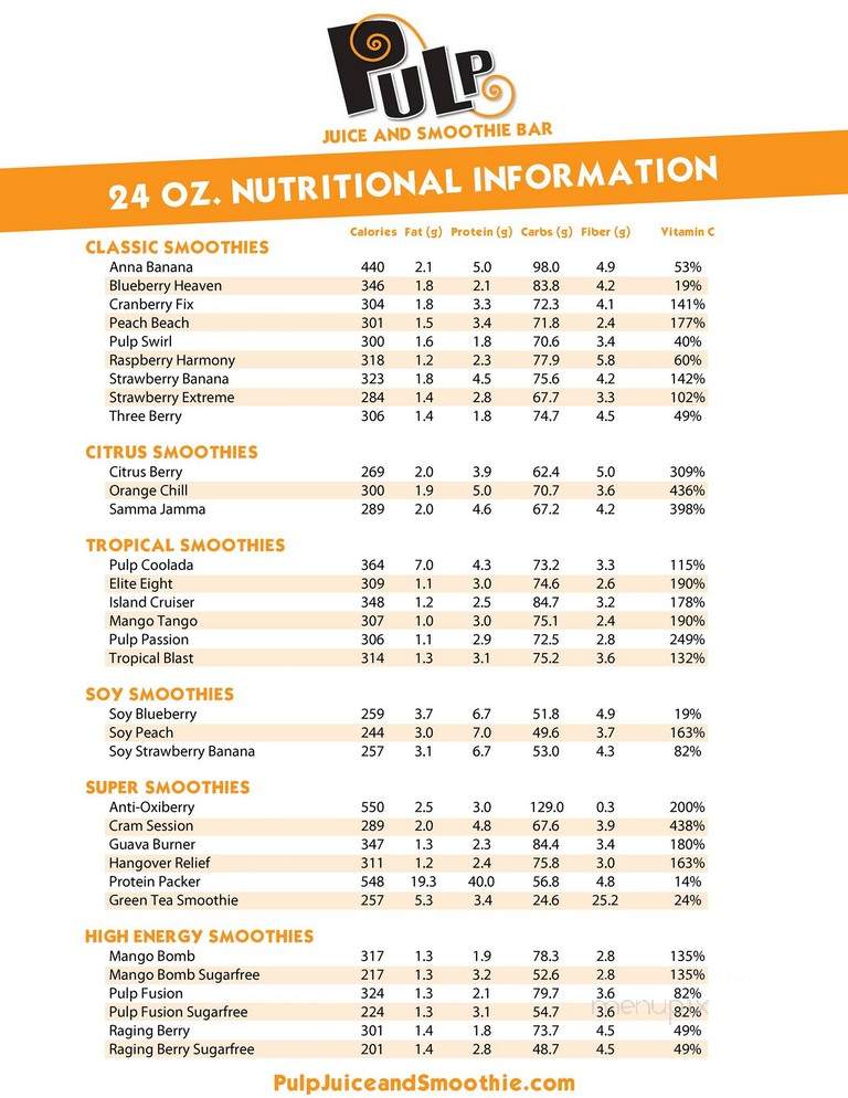 Pulp Juice and Smoothie Bar - Solon, OH menu_pic
